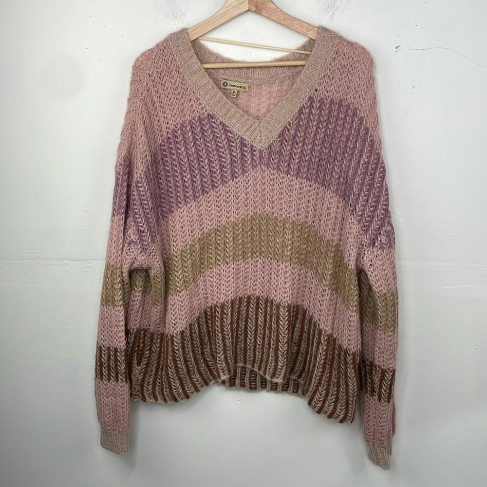 Democracy Chunky Knit V Neck Striped Relaxed Fit Sweater Pullover size XL